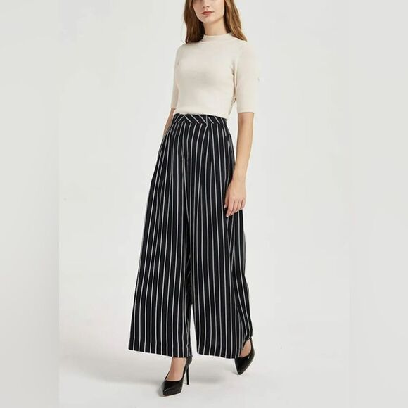 Navy gray and white pinstripe pleated palazzo wide leg trouser pants size large - Picture 3 of 10